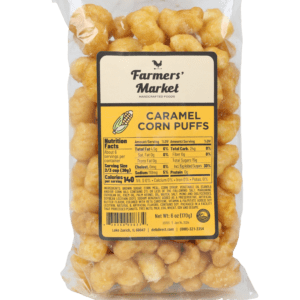 A bag of corn puffs with farmers market label.