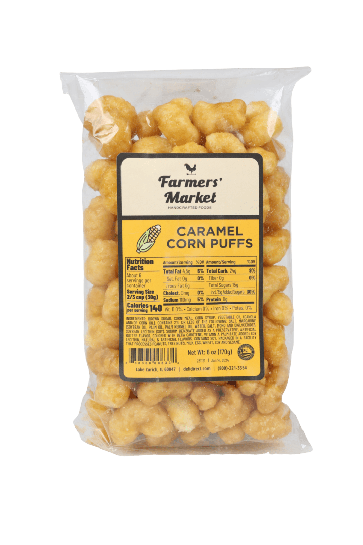 A bag of corn puffs with farmers market label.