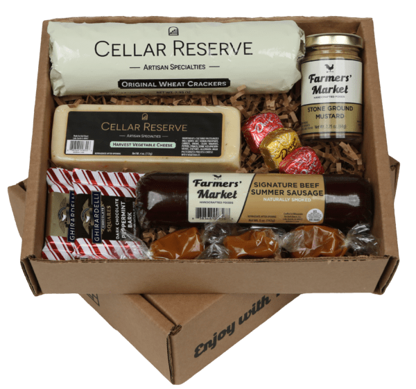 A box of cheese, crackers and other items.