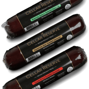 Three different types of sausage are shown.