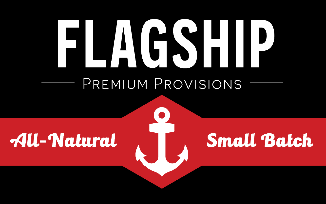 A red and white logo for flagship premium provisions.