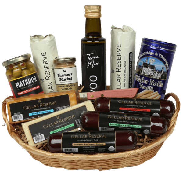 A basket of food and condiments for the holidays.