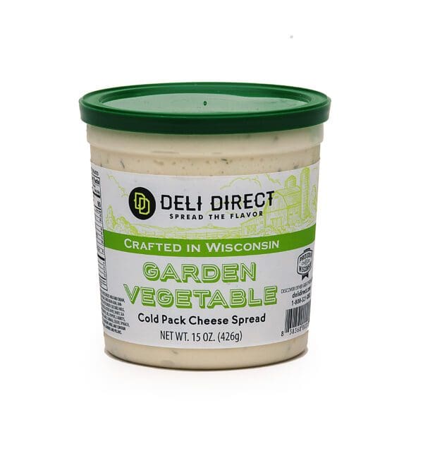 A container of deli direct garden vegetable cheese spread.