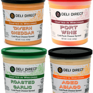 A variety of cheese spreads are available for purchase.