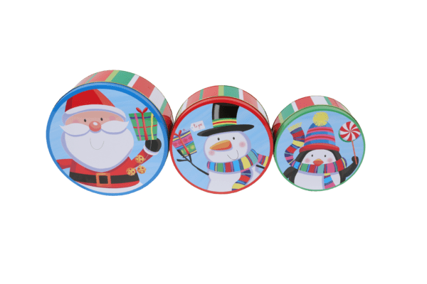 Three christmas themed tins are shown on a black background.