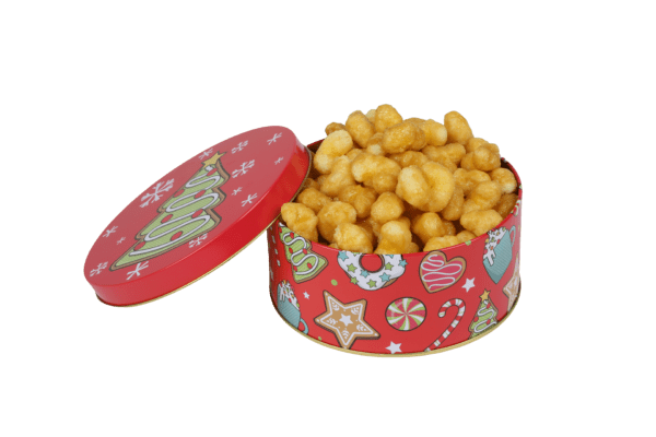 A red tin filled with corn kernels.