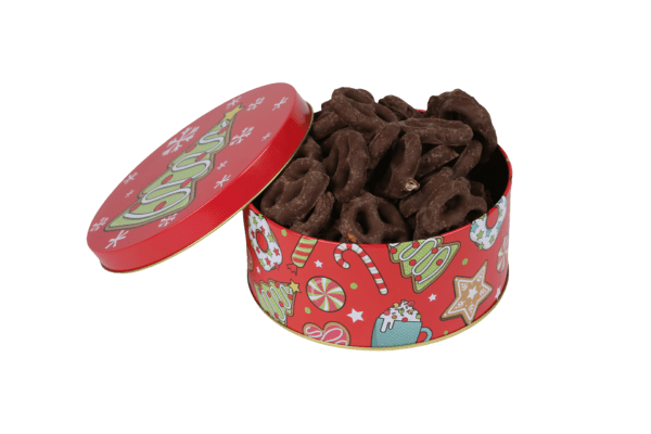 A red tin of chocolate covered pretzels