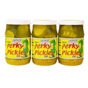 Three jars of pickles are shown with labels.
