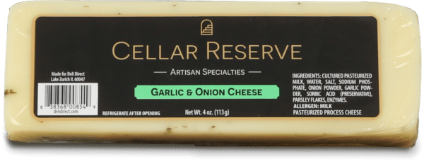 A close up of the label for garlic and onion cheese