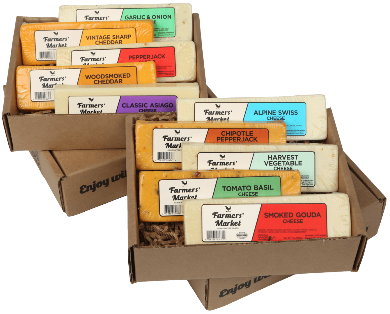 A box of cheese is shown with different flavors.