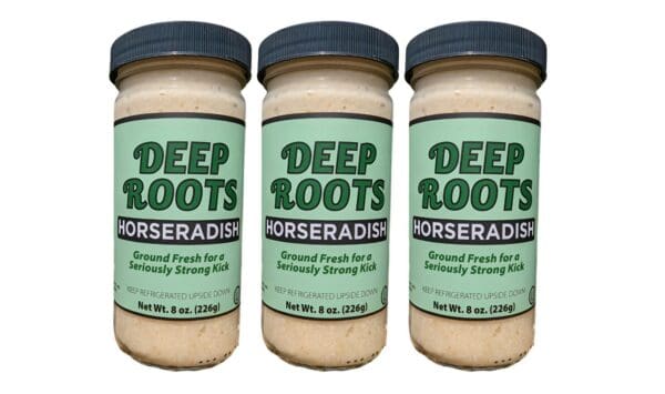 Three jars of deep roots horseradish are shown.