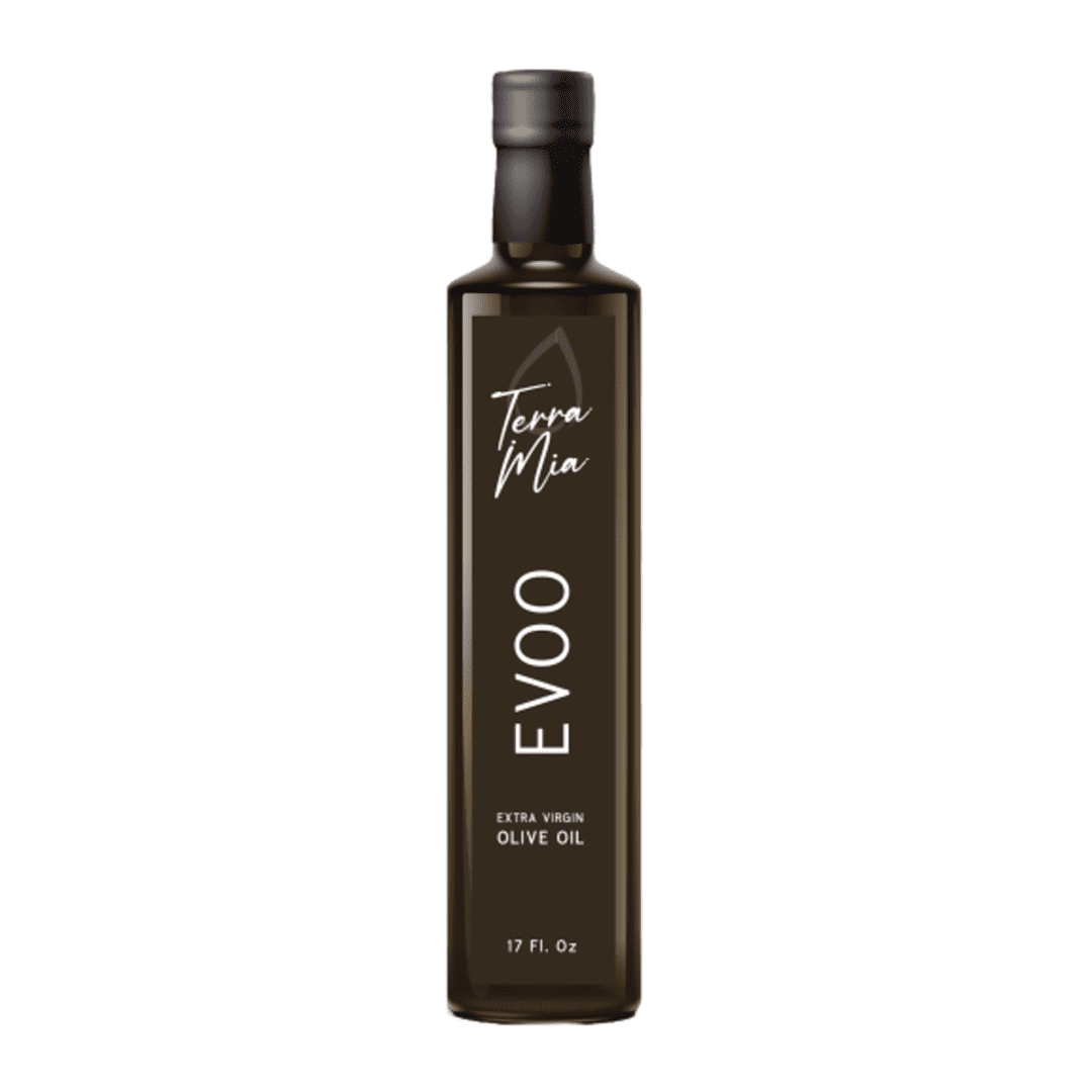 A bottle of olive oil with the name " evoo ".