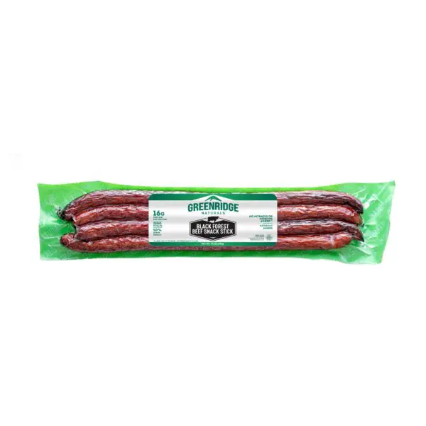 A package of Greenridge All-Natural Grass Fed Beef Sticks on a white background.